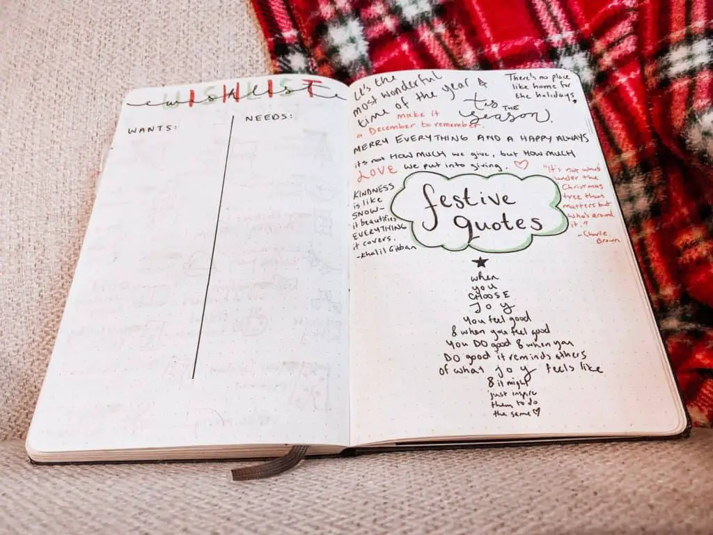 bullet journal wish list and festive quotes pages