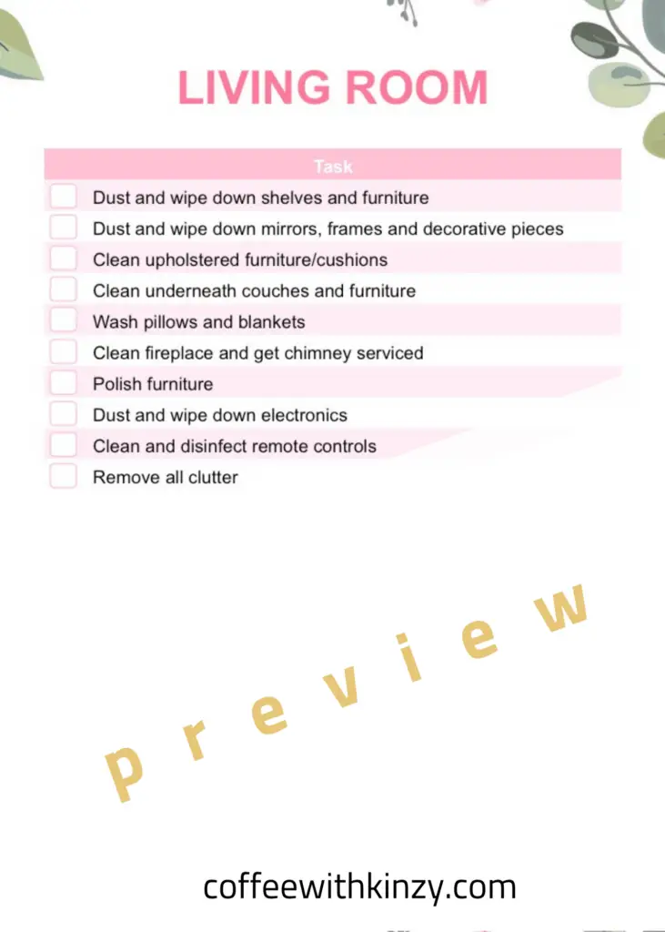 Living Room Spring Cleaning Checklist by Room Printable